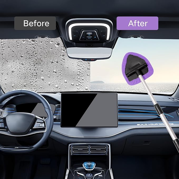 7pcs Windshield Cleaner Tool Car Window Cleaning Wash Kit with 4 Reusable Microfiber Pads 1 Spray Bottle and Extendable Handle Auto Glass Wiper Kit, Purple