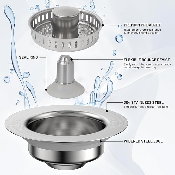 Kitchen Sink Drain Strainer, 304 Stainless Steel Sink Drain Plug, Quick Drain Kitchen Sink Plug with Anti-Clog Strainer Kitchen Sink Protector for U.S. Standard 3-1/2 Inch Sink Drain Holes.