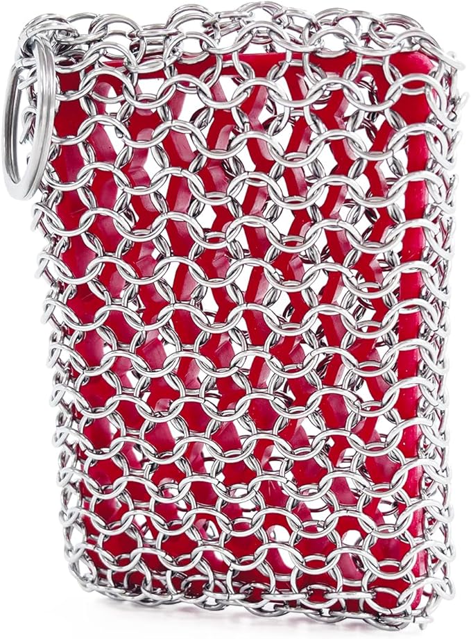 Cast Iron Chainmail Scrubber with Red Silicone Insert Chainmail Scrub Easy to Grip,Cast Iron Pan Cleaner -316 Chain Metal Sponge for Cast Pan Skillet Scrubber