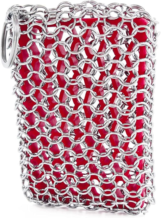 Cast Iron Chainmail Scrubber with Red Silicone Insert Chainmail Scrub Easy to Grip,Cast Iron Pan Cleaner -316 Chain Metal Sponge for Cast Pan Skillet Scrubber