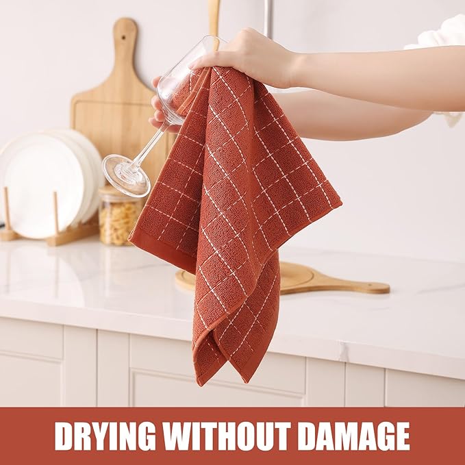 Homaxy 100% Cotton Terry Kitchen Towels(Rust, 13 x 28 inches), Checkered Designed, Soft and Super Absorbent Dish Towels, 12 Pack