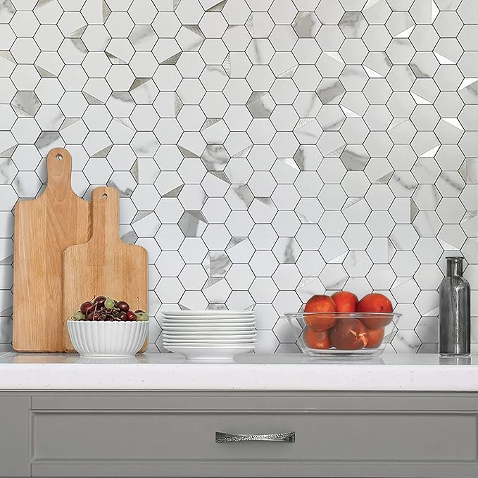 DICOFUN 10-Sheet Hexagon Tile Peel and Stick Backsplash, White Marble Look PVC Mixed Silver Metal Mosaic Tiles for Kitchen and Bathroom
