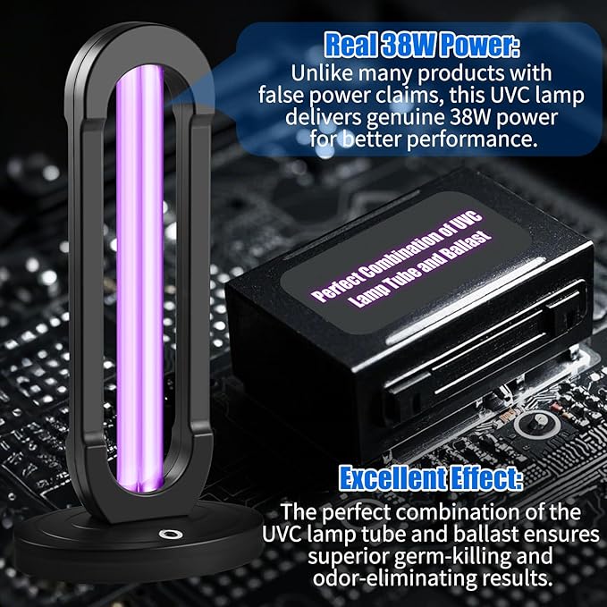 38W UV Light UVC Lamp | 265nm Air & Surface Refreshment | One-Piece Construction, 3-Stage Timer, Remote + Manual Control w/Buzzer | Avoid Exposure (with Ozone)