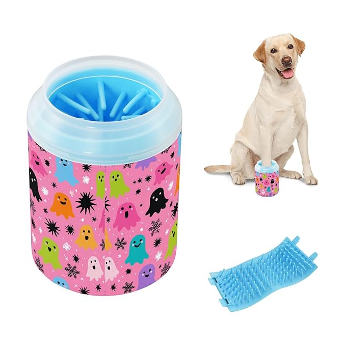 Dog Paw Cleaner Cups for Dogs Pets Foot Washer Paw Scrubber for Medium Small Cats Dogs Cute Cleaning Cup Hot Pink Halloween Ghost Snowflakes