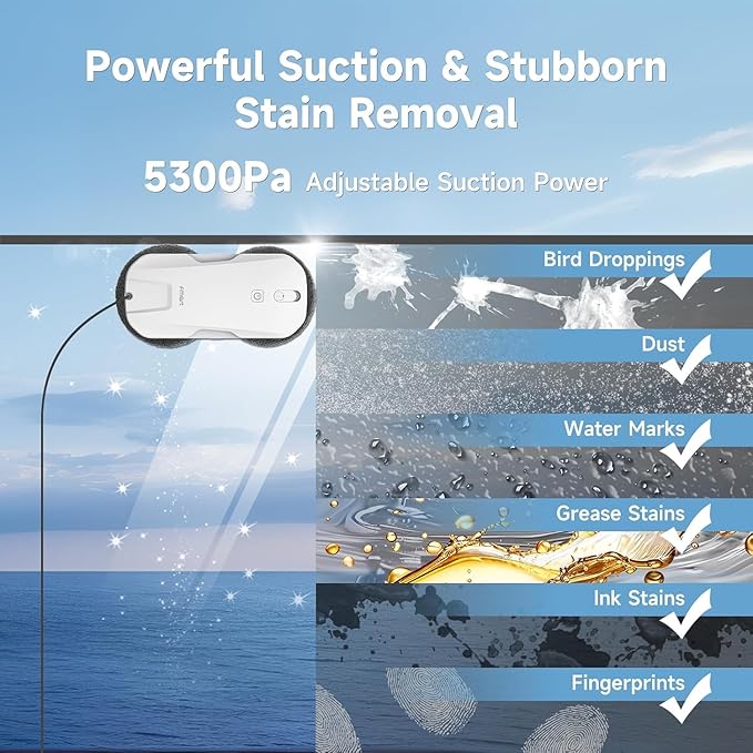 FMART T11 Window Cleaning Robot, Auto 4-Way Water Spray, 5300Pa Strong Suction, High-Speed Cleaning, <60dB Ultra-Quiet, 60mm Slim Window Robot, Smart Navigation, Anti-Drop & 50min UPS Protection