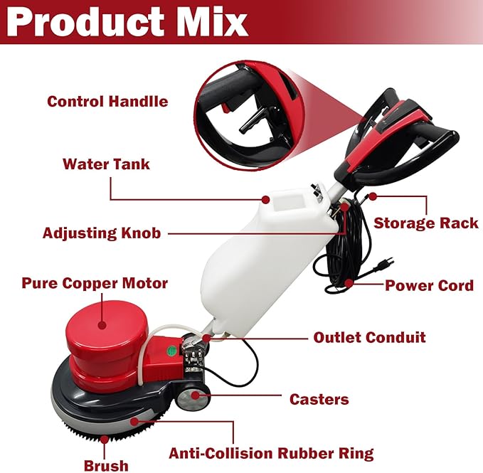 TECHTONGDA Floor Polisher & Buffer Commercial Floor Buffer Scrubber 17" Carpet Cleaning Machine 154RPM Industrial Orbiter Floor Cleaning with 3gal Tank and 3 Brush heads