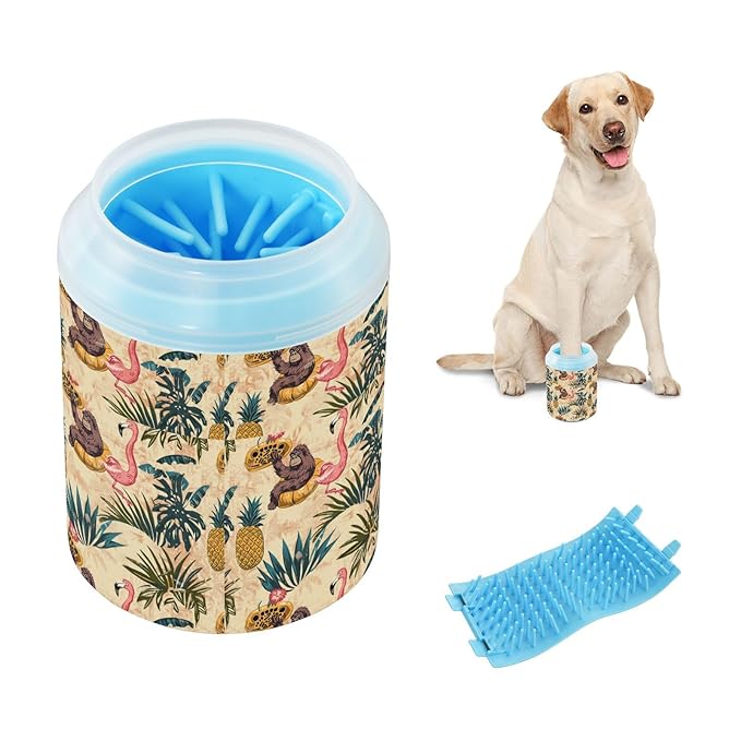 Dog Paw Cleaner Cups for Dogs Pets Foot Washer Paw Scrubber for Medium Small Cats Dogs Cleaning Cup Palm Leaves Animal Flamingo