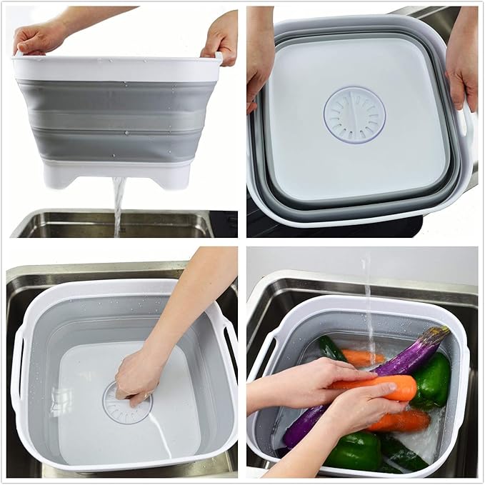 SAMMART 10L (2.64 gallon) Collapsible Dishpan with Draining Plug - Foldable Washing Basin - Portable Dish Washing Tub - Space Saving Kitchen Storage Tray (1, White/Grey)