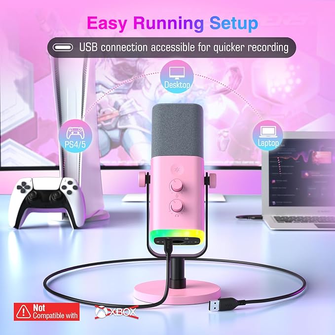 FIFINE XLR/USB Microphone, Gaming Recording PC Microphone with Headphones Jack, Mute Button, Dynamic RGB Mic for Computer, Streaming Mic for Podcasting Voice-Over YouTube Video-AmpliGame AM8 Pink