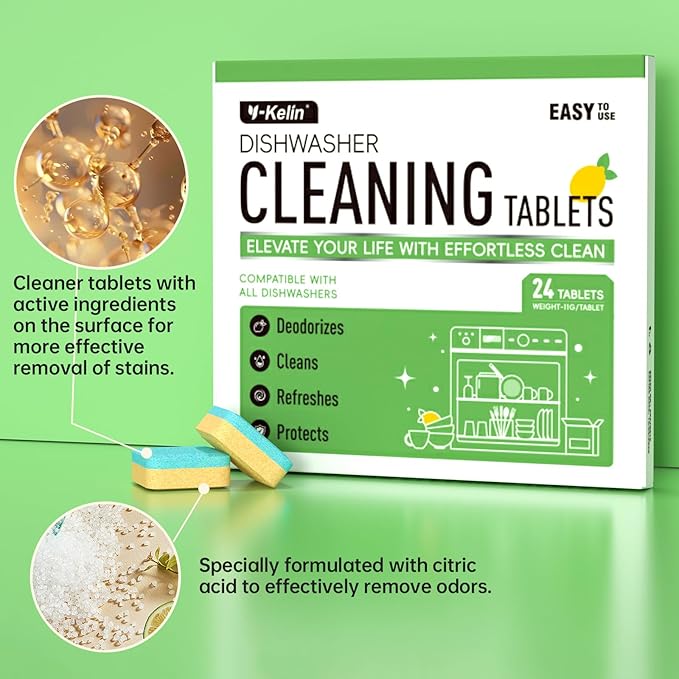 Dishwasher Cleaner and Deodorizer Tablets, 24 Pack - Helps Remove Limescale & Odor, Prevents Buildup in Pipes, Safe for All Dishwashers, Lemon Scent - 12 Month Supply