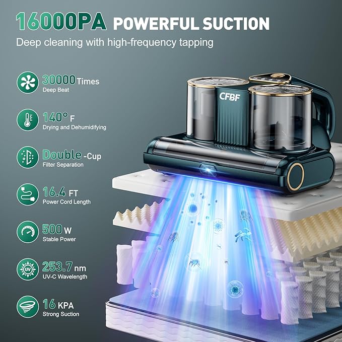Mattress Vacuum Cleaner, Bed Vacuum Cleaner with 16Kpa Suction 253.7nm UV-C Light, Ultrasonic & High Heating, 500W Powerful Double-Cup Handheld Vacuums for Bed, Sofa, Couch, Crib, 16.4FT Corded