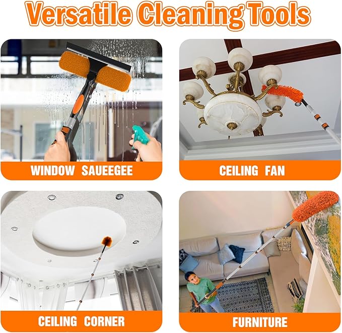 30FT High Reach Duster Cleaning Kit with Extension Pole, High Ceiling Fan Cleaner Duster Tool for Fan Blades, Window Washing Kit with Microfiber Feather Duster & Window Squeegee