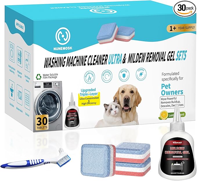 Washing Machine Cleaner Tablets 30 Pack, Upgraded Formulated for Pet Owners, 1+Year Supply, Deep Cleaning Tablet For HE-Front & Top Load Washer, Removes Residue, Grime, Odors and Pet Hair