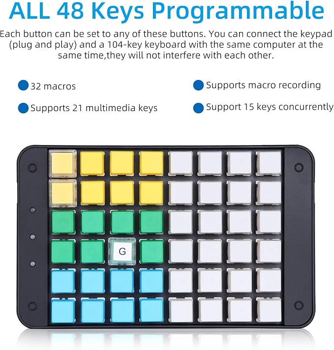 Koolertron One Handed Macro Mechanical Gaming Keyboard, Fully Programmable Mini Keypad, 48-Key Mini USB Macro Keyboard with Blank Keycaps, for Gamers/Cashier/Designers/Video Editors