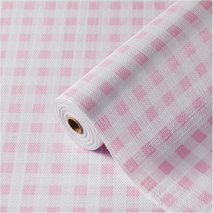 Drawer and Shelf Liner, Non-Slip Kitchen Cabinet Liners Non-Adhesive Thick Strong Grip Waterproof Washable Mats Protect Dresser Shelves Cupboard Bathroom Cabinets, Pink Plaid, 12 in X 20 FT