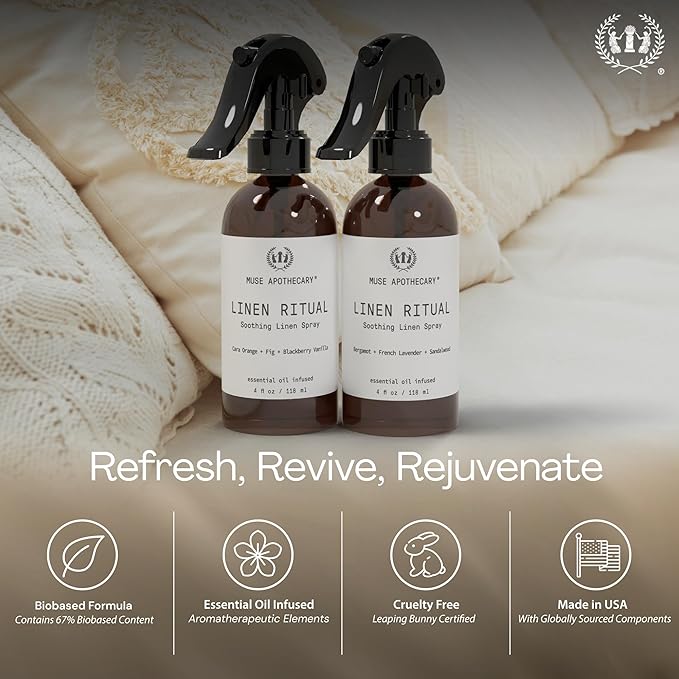 Muse Apothecary Linen Ritual - Aromatic, Soothing, and Relaxing Linen Mist, Laundry and Fabric Spray - Infused with Aromatherapy Essential Oils - 4 oz, Bergamot + French Lavender + Sandalwood
