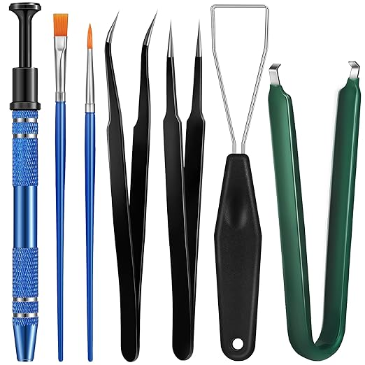 Minatee 9 Pieces Keyboard Lube Switch Puller Kit Ic Extractor Key Cap Puller Elbow Tweezers Pointed Tweezers Flat Head Grease Brush Fine Head Grease Brush Compatible with Switch