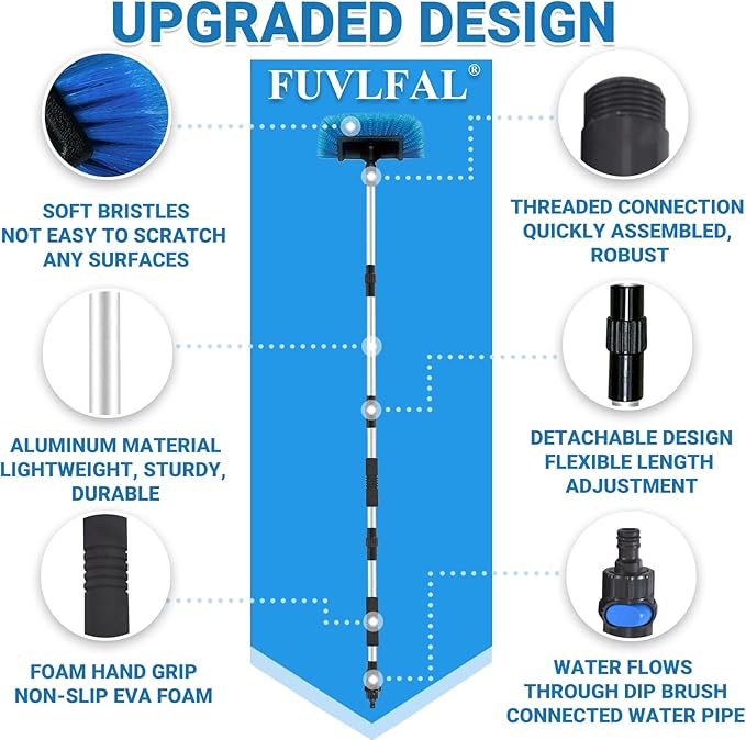 72" Long Handle Car Wash Brush with Hose Attachment, Flow-Through Soft Bristle Five-Sided Brush