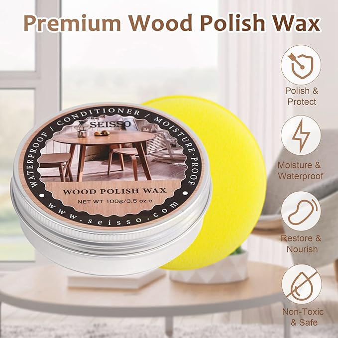 SEISSO Wood Polish Wax, Paste Wax for Wood Finish, Wood Wax Polish, Conditioner, Cleaner, Restorer, Furniture Polish for Wooden Floors, Cabinets, Tables, Doors