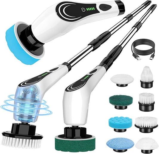 Electric Spin Scrubber, Cordless Shower Scrubber with 8 Brush Heads with Adjustable, 2H Power Dual Speed, Power Brushes with IPX7 Waterproof for Floor, Sink, Bathroom, Tile, White-qwrx3