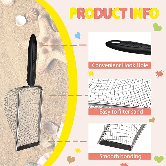 2 Pcs Stainless Steel Beach Mesh Shovel, Metal Shark Tooth Sifter, Black Handle Reptile Sand Scoop Scooper Beach Shell Collecting Tool for Sifting Picking Up Sea Creatures Cat Litter
