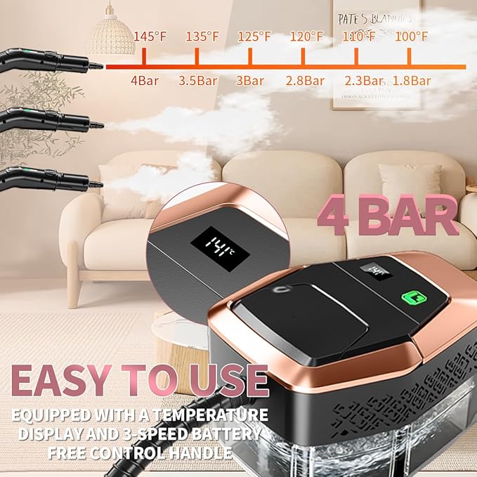 Steam Cleaner for Home & Car, 3-Level Adjustable Steamer for Cleaning with Temp Display,15s Fast Heat,1.8L Large Tank, 4Bar Powerful Steam for Grout,Grease,Tile,Couch,Toilet, Car Detailing,Windows