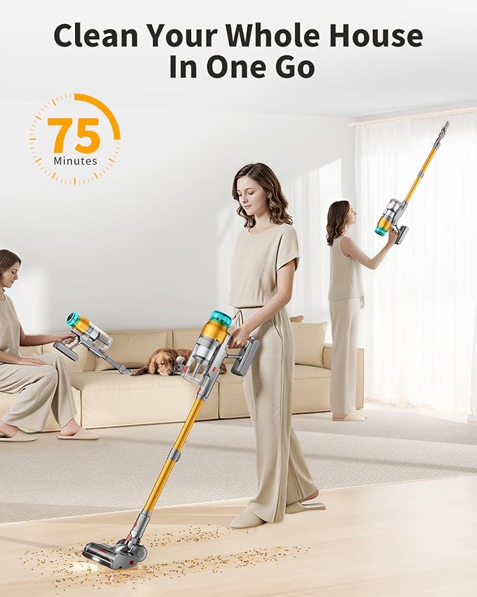 Cordless Vacuum Cleaner for Home 600W 60Kpa Upgraded Powerful Stick Vacuum Up to 75Mins, Anti-Tangle & Wall Mount Charging, 8 in 1 Lightweight Vacuum Cleaners for Home/Pet Hair/Carpets/Floors