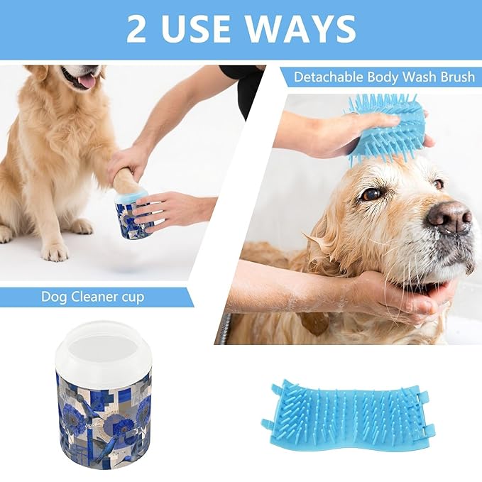 Dog Paw Cleaner Cups for Dogs Pets Foot Washer Paw Scrubber for Medium Small Cats Dogs Cute Cleaning Cup Blue Hummingbirds Flowers Squares Leaves