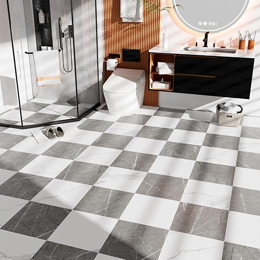 Peel and Stick Floor Tile Vinyl Flooring Roll Self Adhesive 15.75"x 393"/43 Sq.Ft Linoleum Laminate Flooring Roll Grey&White Marble Color Waterproof Floor Sticker for Home Room Improvement