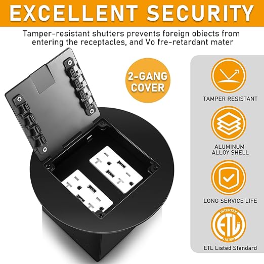 2 Pcs Recessed Floor Outlet 4. 72" x 4. 72" x 3. 94" 2-Gang with 4. 8a USB Chargers 20 Amp Floor Receptacles Round Hidden Outlet Kit Electrical Waterproof Box, Etl Listed (Black)