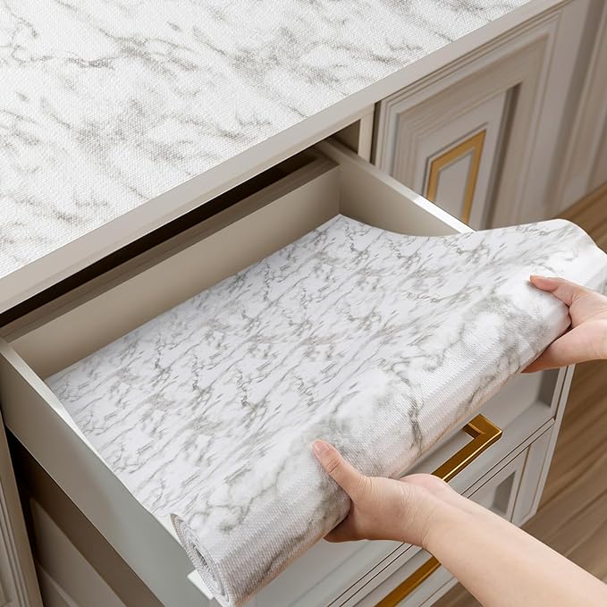 Shelf and Drawer Liner for Kitchen Cabinets Non-Adhesive, Strong Grip Non-Slip Thickened Cabinet Liners for Shelves, Waterproof Mats for Dresser Cupboard, Marble, 24 in x 20 Feet