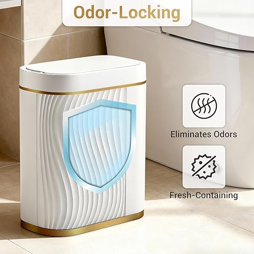 FreSup Automatic Motion Sensor Bathroom Trash Can with Lid - 2 Gallon Slim Touchless Automatic Garbage Can for Bedroom, Restroom, Office - White and Gold Aesthetic, Whisper Quiet, 11.6" Tall