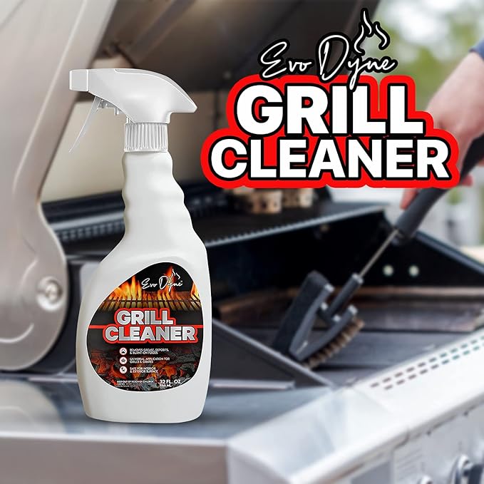 Evo Dyne Grill Cleaner Spray (32 oz), Made in USA - Quickly Cleans BBQ Burnt-on Foods and Grease from Grill Grates - Heavy Duty, Fast-Acting Formula, Less Scrubbing - Food Safe Grill & Oven Degreaser (2-Pack)