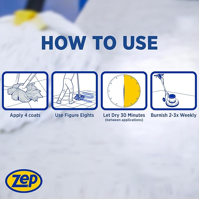 Zep Commercial Wet-Look Floor Polish, 4-1 Gallon Bottles, Protects Against Spots, Stains and Scuffs, Slip-Resistant High Gloss Finish (ZUWLFF128)