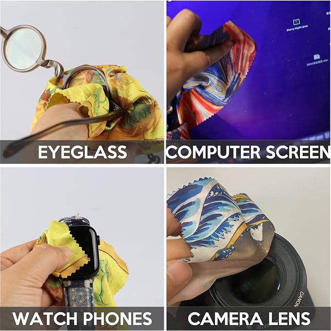 Glasses Cleaning Cloth, Microfiber Eye Glass Clean Cloths Cleaner Keychain for Eyeglasses, Screens, Camera Lenses-World Classic Art Design Double Sided Printing 4PC