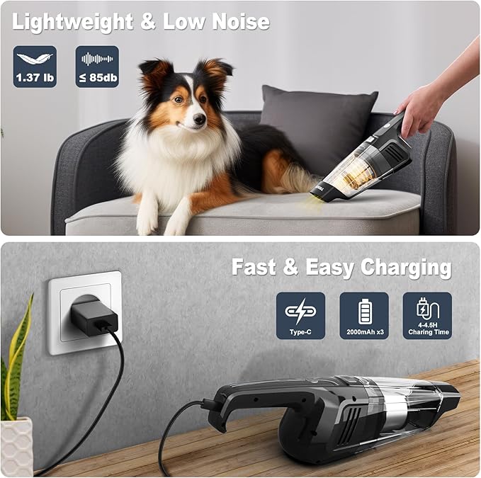 Handheld Vacuum Cordless, 14500PA Powerful Suction Hand Held Vacuum Cleaner with Brushless Motor, Rechargeable and Portable Car Vacuum for Home Office Car Pet