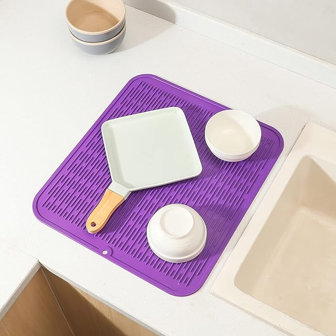Silicone Dish Drying Mat for Multiple Usage,Easy clean,Eco-friendly,Heat-resistant Silicone Mat for Kitchen Counter or Sink,Refrigerator or Drawer Liner Purple XL 18 inches x 16 inches