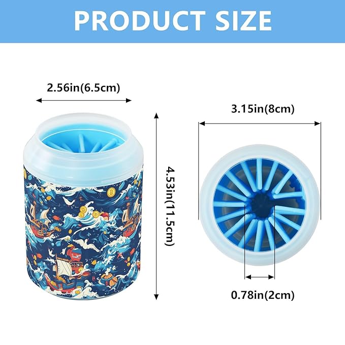 Dog Paw Cleaner Cups for Dogs Pets Foot Washer Paw Scrubber for Medium Small Cats Dogs Cleaning Cup Pirate Ship and Sea Waves Seagulls