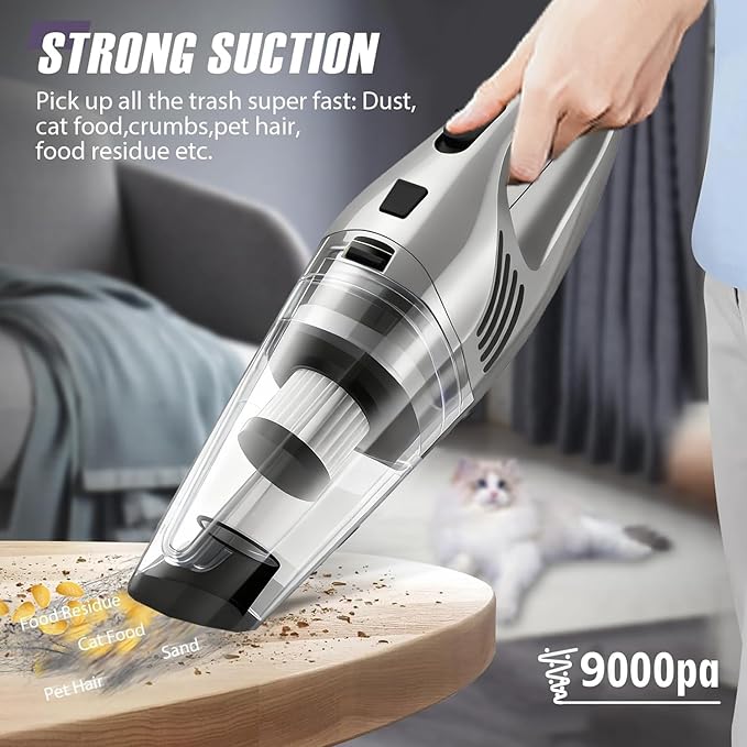 Car Vacuum Portable Cordless – 9000PA Strong Suction, Lightweight & Rechargeable – Includes Multi-Nozzle Attachments for Car, Home, Office, and Pet Hair – Compact & Powerful Grey Vacuum