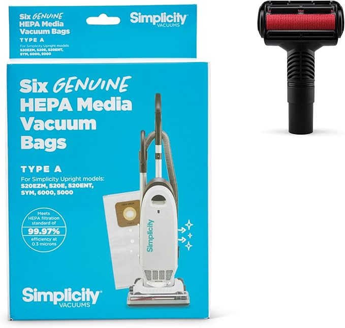Simplicity Vacuums Bundle with Type A Vacuum Bags and Pet Hair Tool for S20EZM Allergy Upright Vacuum, SAH-6 Hepa Media Vacuum Bags and SPET-TOOL Pet Hair Removal Tool or Vacuuming Furniture