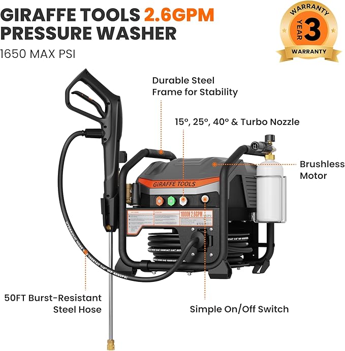 Giraffe Tools Crossfalls Retractable Pressure Washer Ultra, Features 1000H All-Copper Pump, Dual Wall/Floor Mount, Brushless Motor, 60dB Low Noise, High Efficiency Cleaning Machine