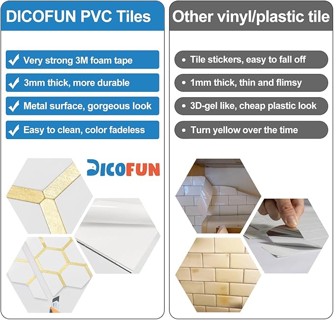 DICOFUN 10-Sheet Hexagon Peel and Stick Backsplash Tile, Polished White Tile Look Mixed Gold Kitchen Backsplash Peel and Stick Wall Tiles
