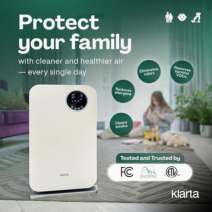 Air Purifier for Home - Smart WiFi App - Ultra Quiet 20 dB - Removes Allergens, Smoke & Odors - 99.97% Particle Filtration - Up to 1200 ft - Klarta Forste Gold