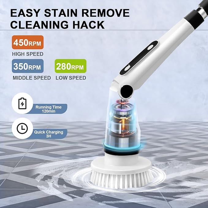 IEZFIX Electric Spin Scrubber, Bathroom Cleaning Brush, Shower Scrubber with Long Handle Adjustable, Cordless Cleaner Brush for Bathtub Kitchen Wall Household Cleaning Helper