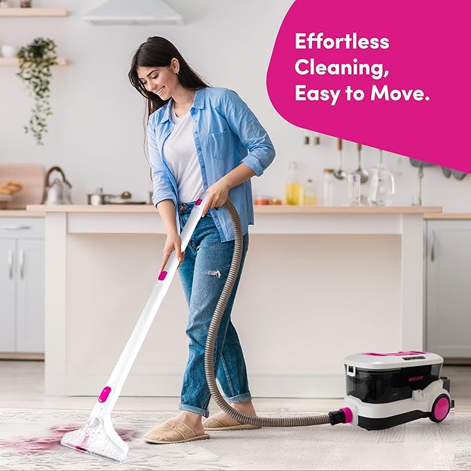WECLEAN C4 Carpet Cleaner Machine with 800W 18KPa Portable Deep Cleaner with Stand-Up Cleaning Handle and Wide Squeegee, for Carpets, Rugs, Upholstery with 3L Clean and 1.5L Dirty Tank, Pink
