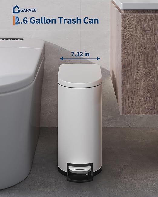 Garvee 2.6 gal / 10 L Metal Bathroom Trash Can with Lid, Slim Waterproof Garbage Can for Bedroom, Small Step-on Trash Bin with Inner Bucket, Rear Handle, Soft Close Lid, White