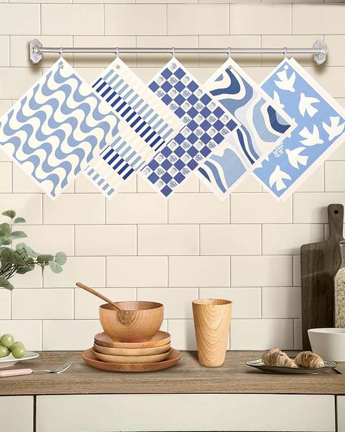 Swedish Dishcloths for Kitchen with Hooks - Reusable Dish Cloths for Washing Dishes Fast Drying Cute Fun 5 Pack Swedish Dish Towels Washable Cleaning Sponge, Blue Geometrical