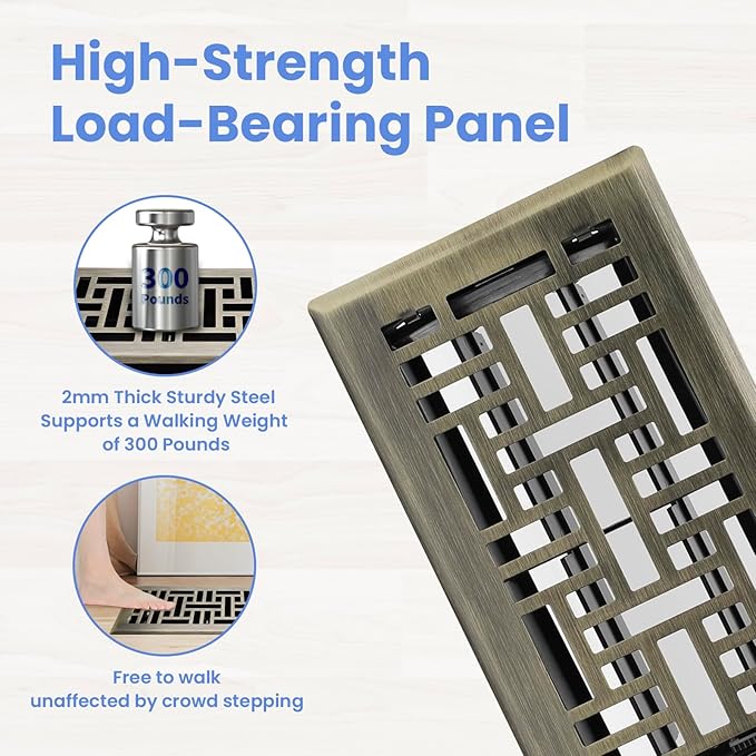 4x8 Inches 2 Pack Heavy Duty Walkable Floor Register Easy Adjust Air Supply Lever Floor Vents - Seattle Design - Vent Cover for Home Floor - Antique Brass
