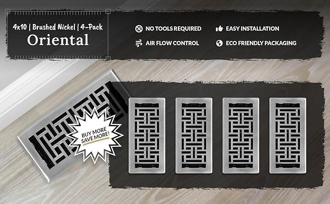 Decor Grates (4-Pack) AJH410-NKL Oriental Floor Register, 4x10 Inches, Brushed Nickel Finish