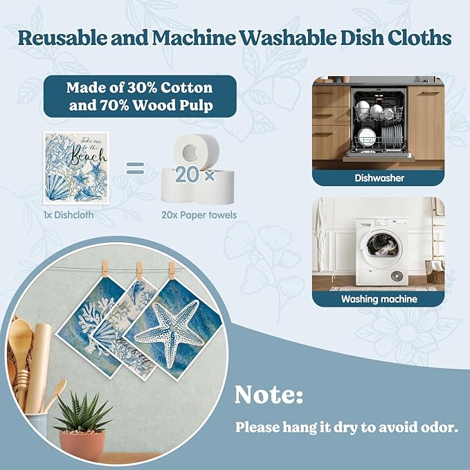 Swedish Dishcloths for Kitchen, Summer Coastal Starfish Beach Decor Kitchen Dish Towels for Washing Dishes, 4 Pack Reusable Paper Towels, Sponge Cloths for Home Cleaning Baking Cooking Decor